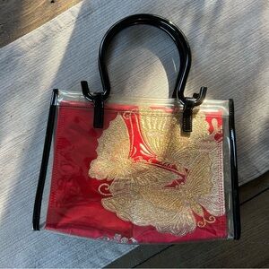 Vintage Clear Vinyl Handbag with Red & Gold Brocade Insert – Y2K / Late 90s